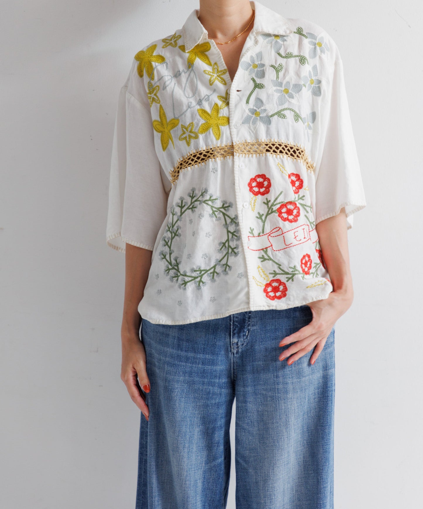 【MEN , WOMEN】LEIN / ギザコットンリネンパッチワーク刺繍シャツ