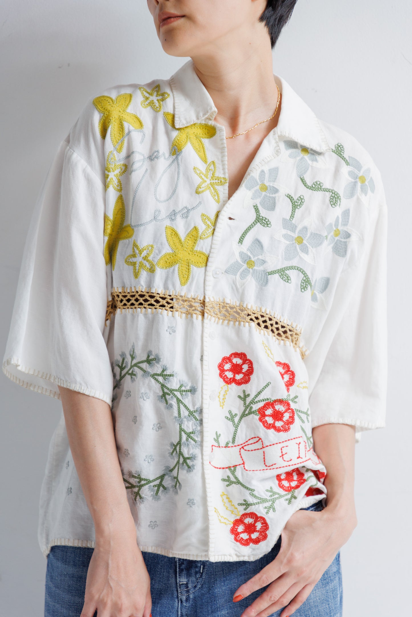 【MEN , WOMEN】LEIN / ギザコットンリネンパッチワーク刺繍シャツ