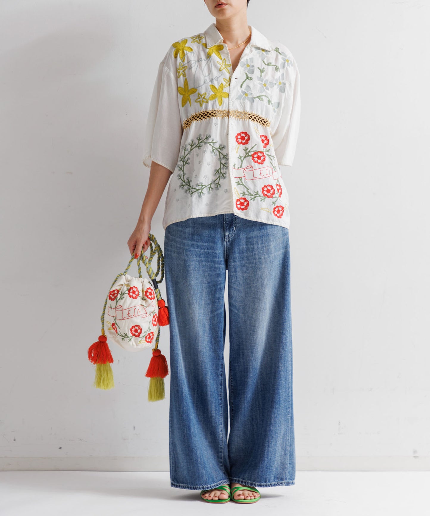 【MEN,WOMEN】LEIN コットンリネン刺繍巾着バッグ