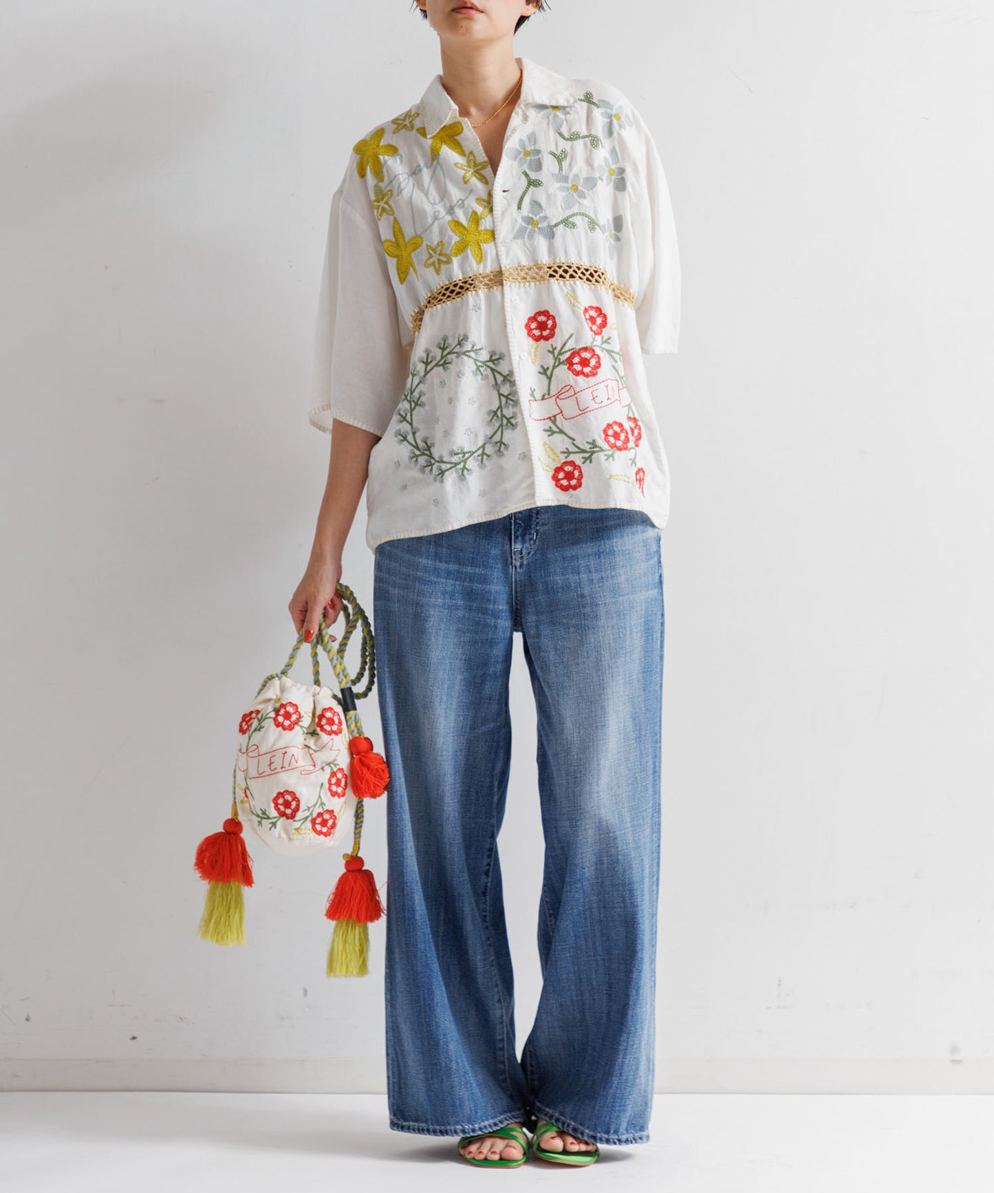 【MEN,WOMEN】LEIN コットンリネン刺繍巾着バッグ