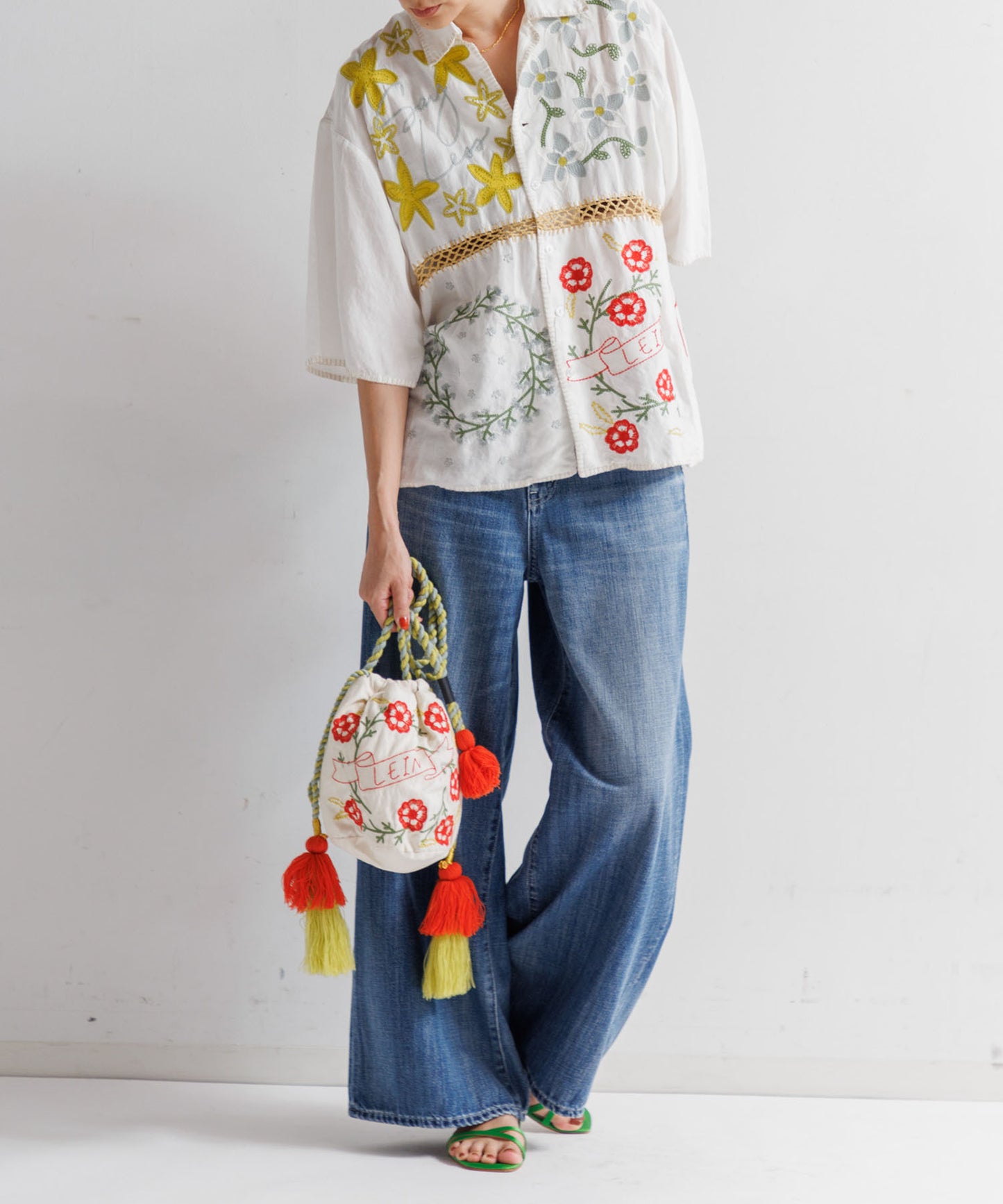 【MEN,WOMEN】LEIN コットンリネン刺繍巾着バッグ