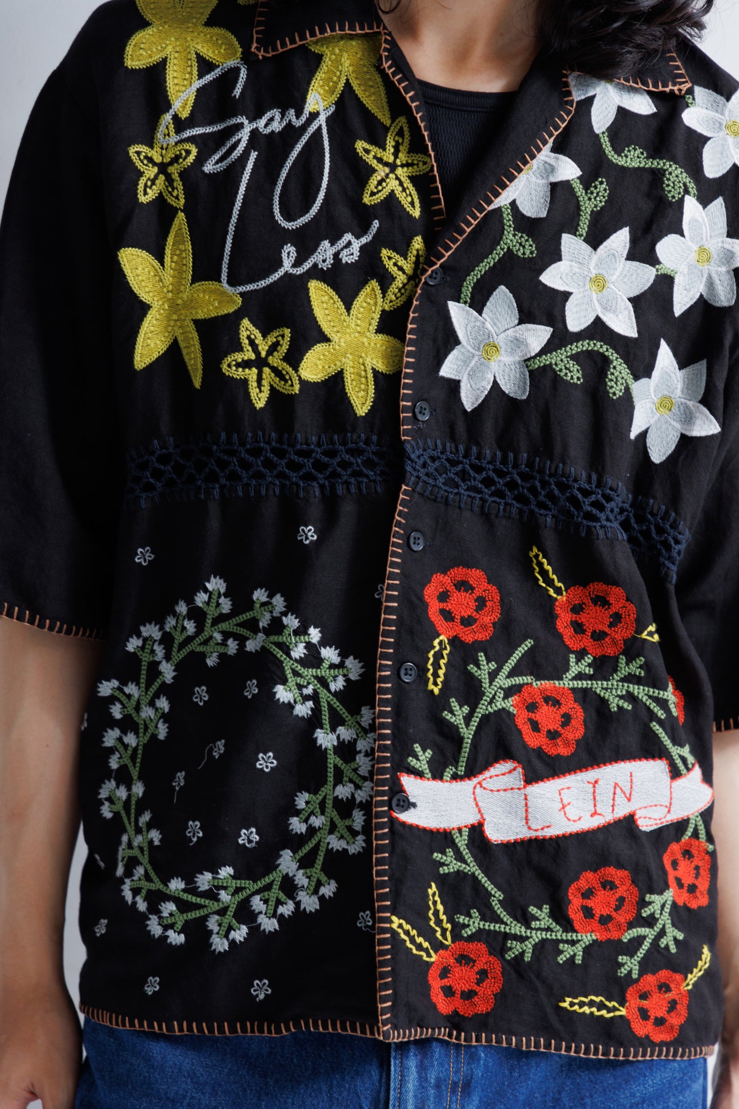 【MEN , WOMEN】LEIN / ギザコットンリネンパッチワーク刺繍シャツ