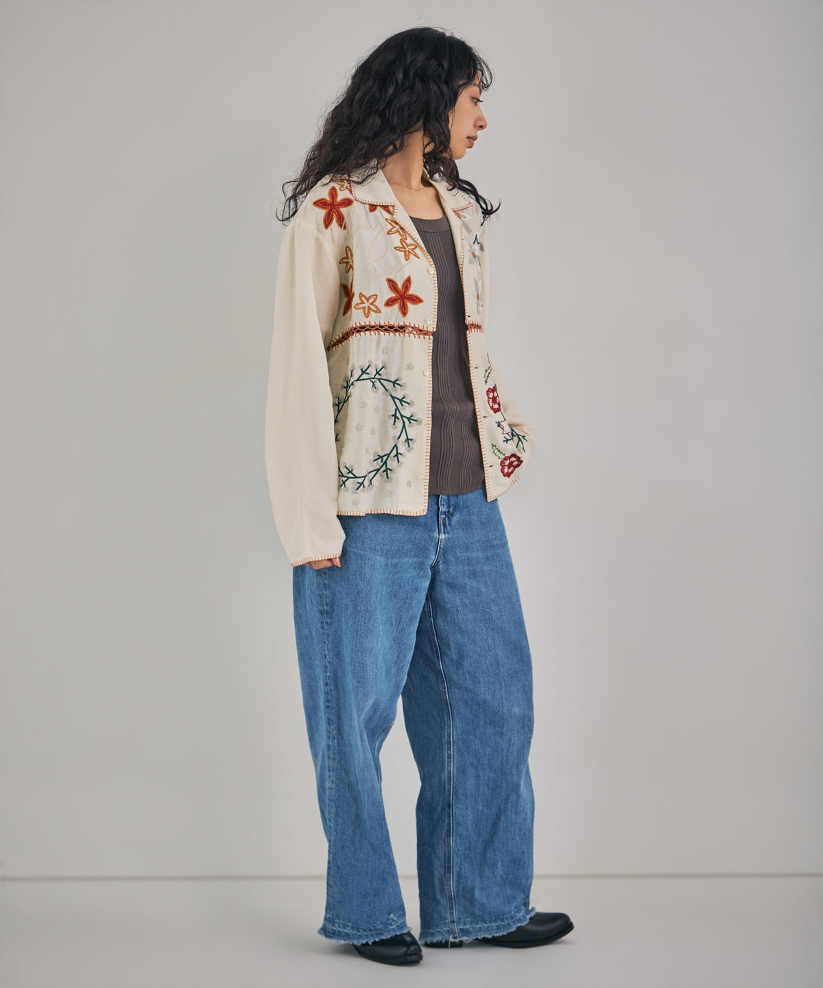 【MEN , WOMEN】パッチワーククロシェジョイントスラブレーヨンシャツ