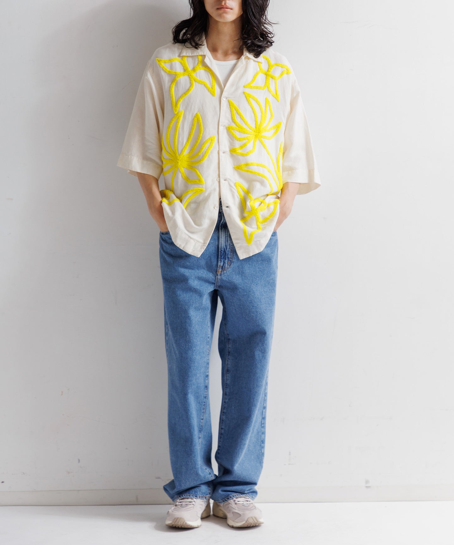 【MEN,WOMEN】LEIN ギザコットンリネンタオル刺繍シャツ