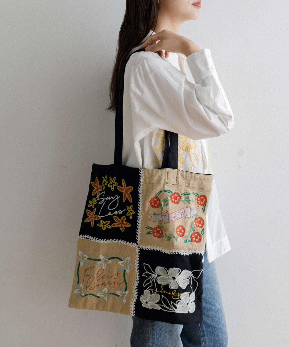 【MEN , WOMEN】LEIN Wフェイスパッチワーク刺繍トートバッグ