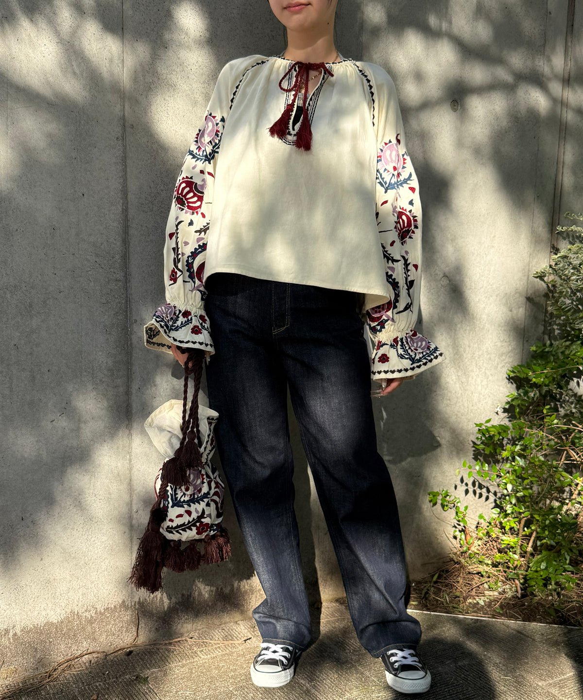 【WOMEN】LEIN 花柄刺繍巾着バッグ