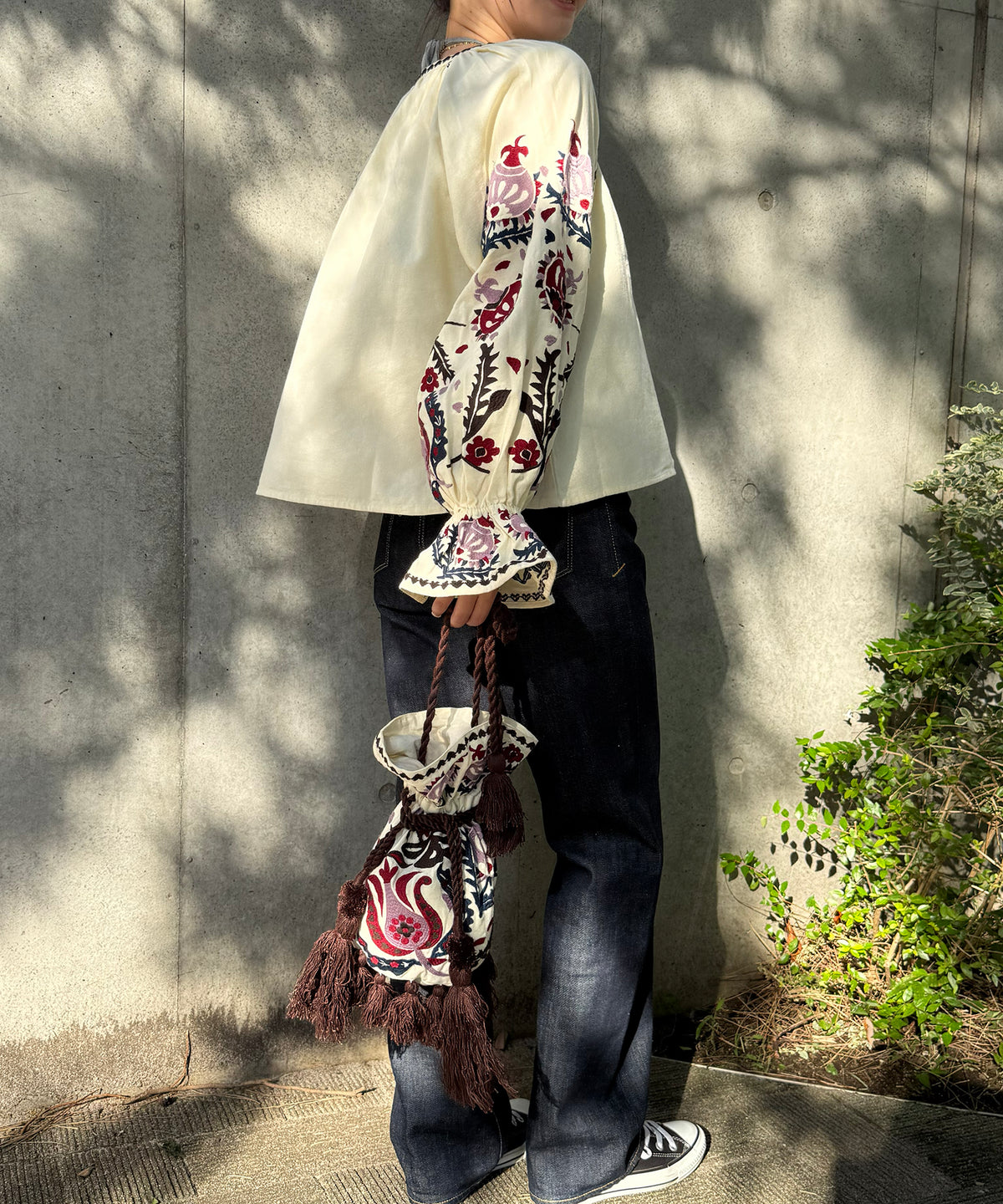 【WOMEN】LEIN 花柄刺繍巾着バッグ