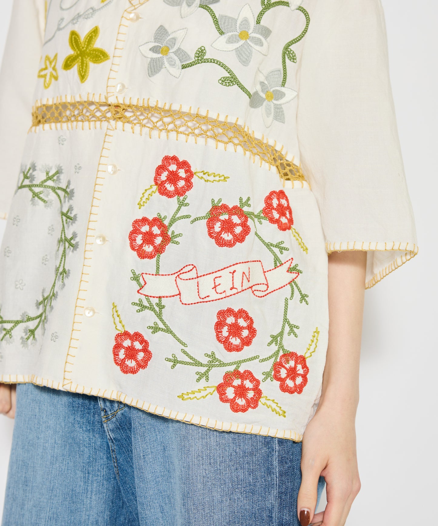 【MEN , WOMEN】LEIN / ギザコットンリネンパッチワーク刺繍シャツ