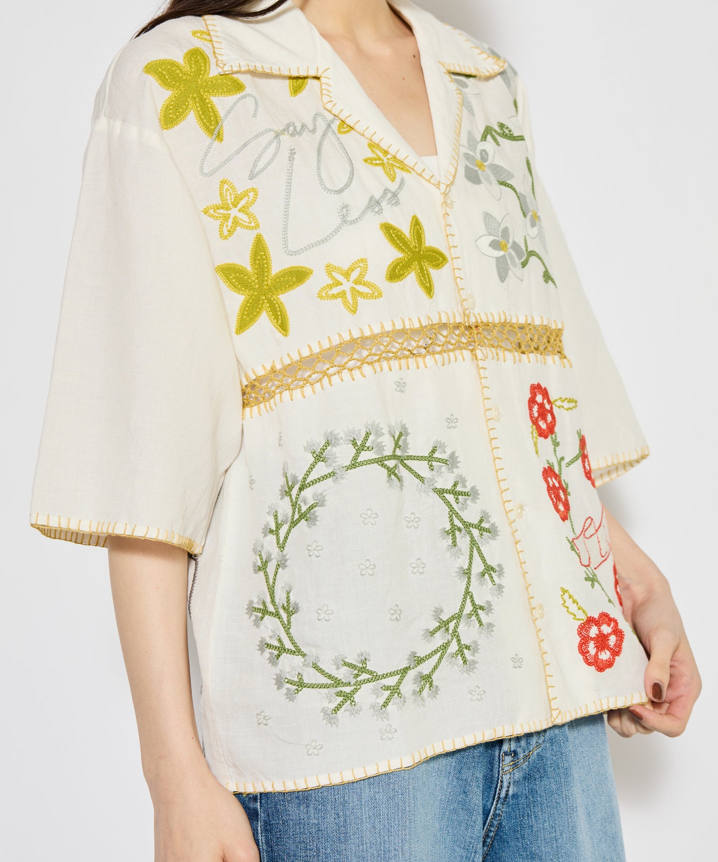 【MEN , WOMEN】LEIN / ギザコットンリネンパッチワーク刺繍シャツ