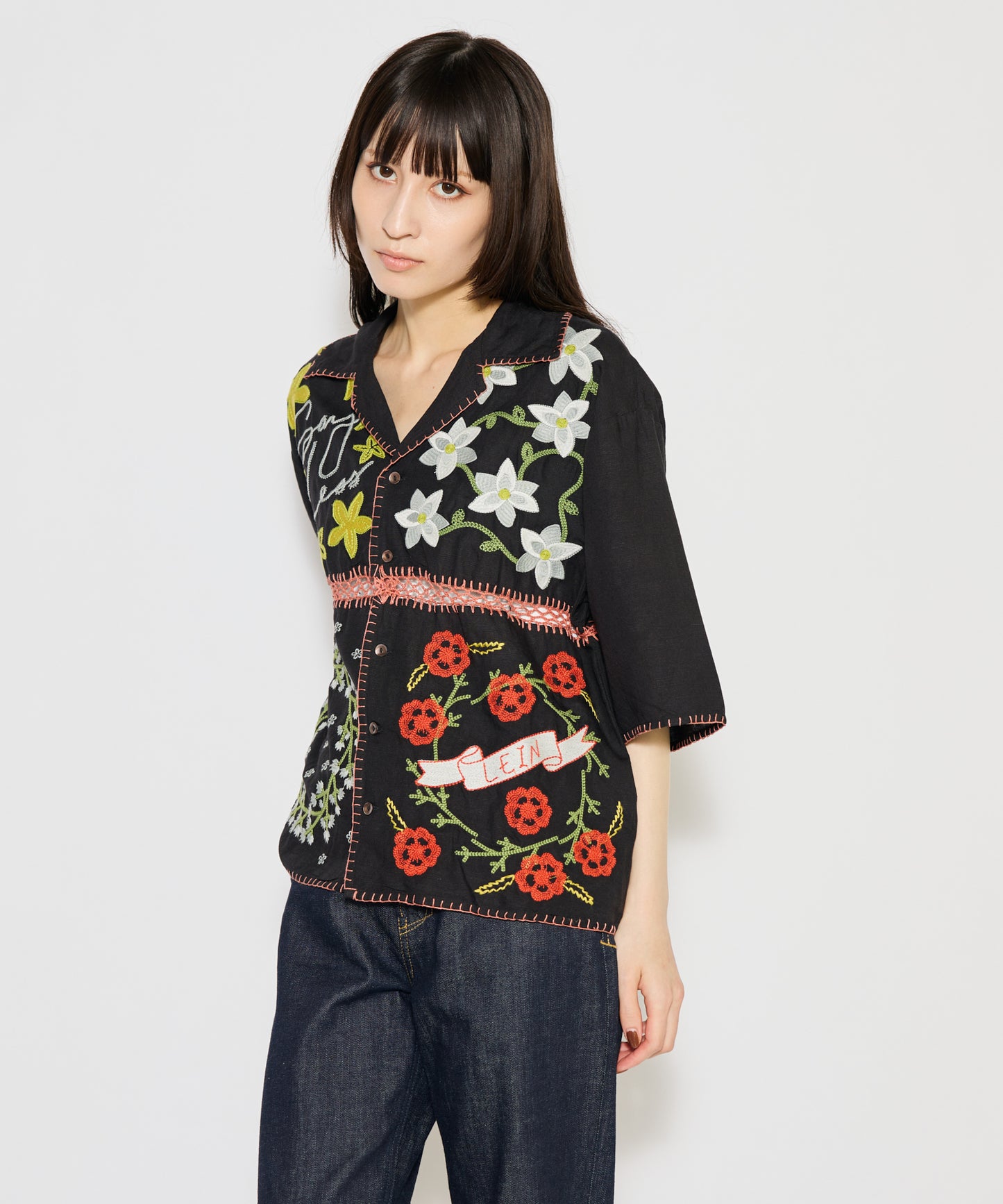 【MEN , WOMEN】LEIN / ギザコットンリネンパッチワーク刺繍シャツ