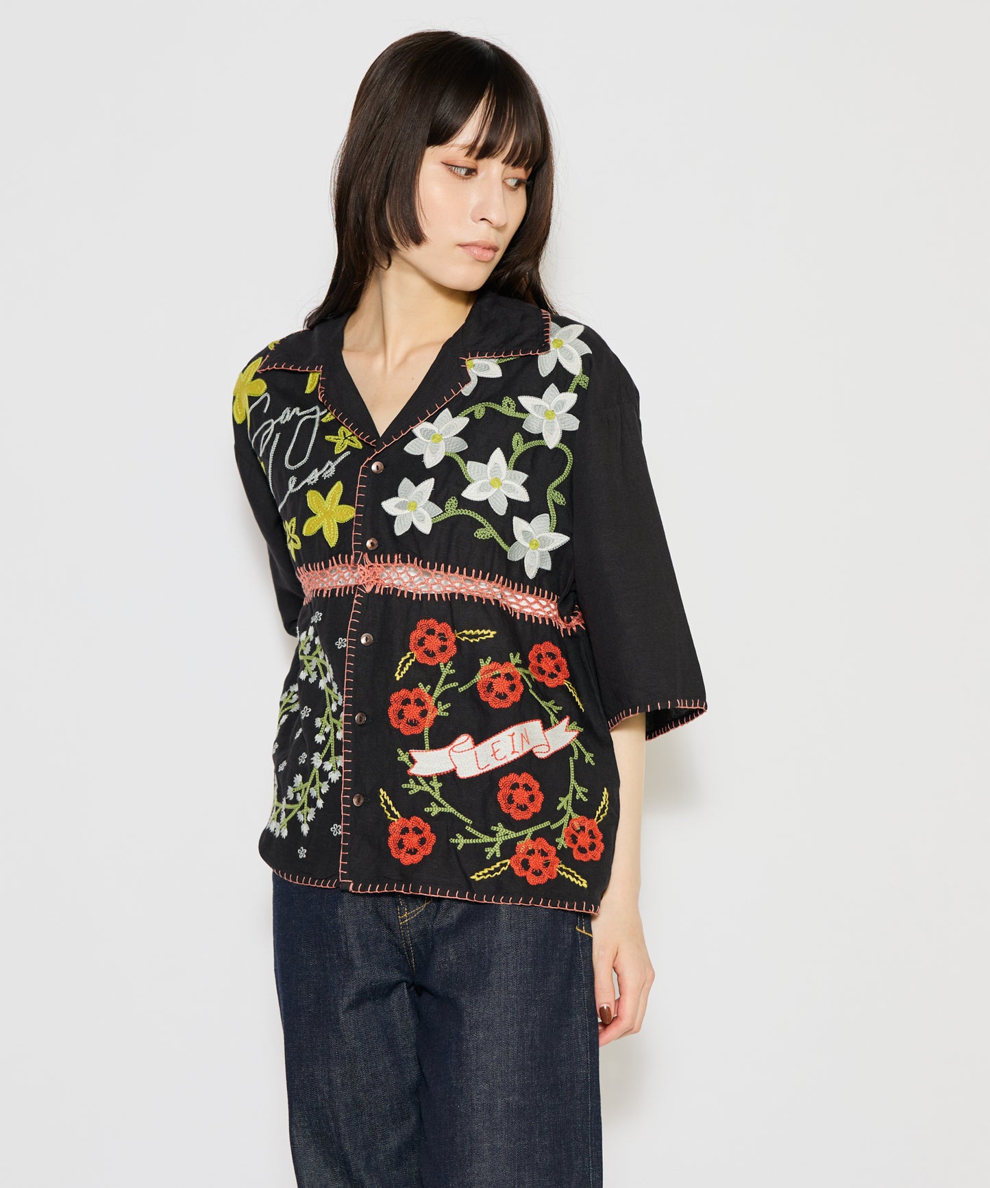 【MEN , WOMEN】LEIN / ギザコットンリネンパッチワーク刺繍シャツ