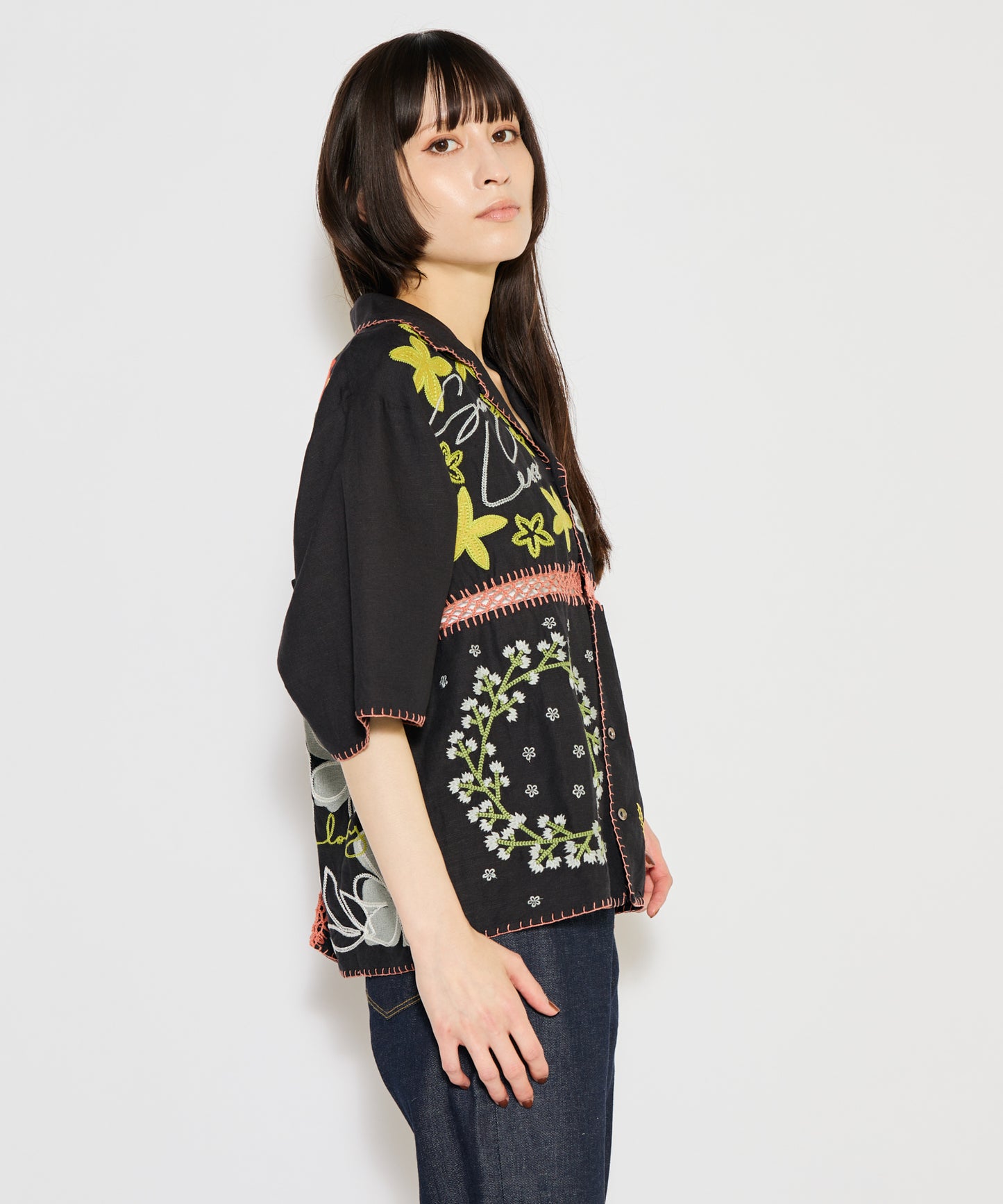 【MEN , WOMEN】LEIN / ギザコットンリネンパッチワーク刺繍シャツ