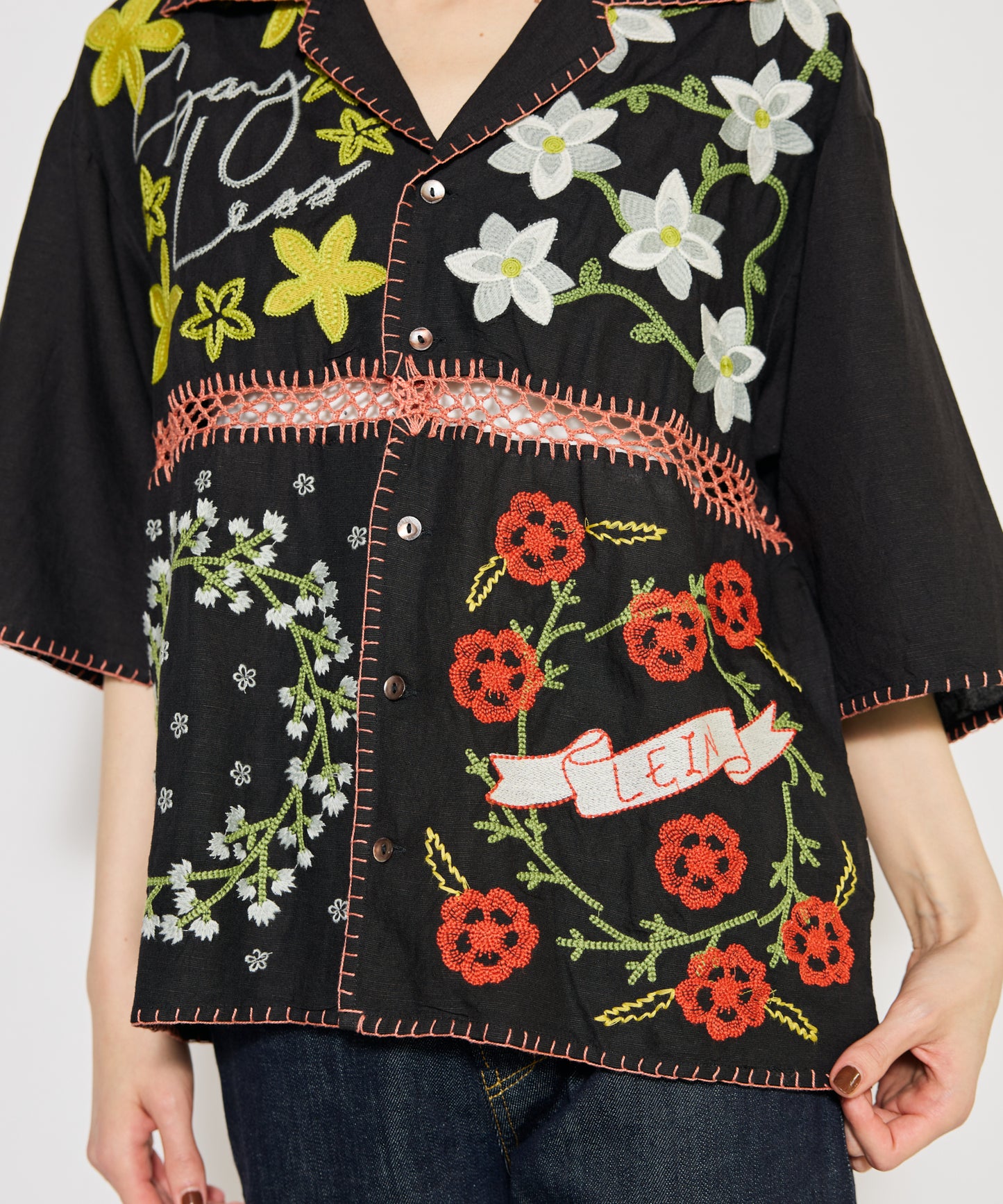【MEN , WOMEN】LEIN / ギザコットンリネンパッチワーク刺繍シャツ