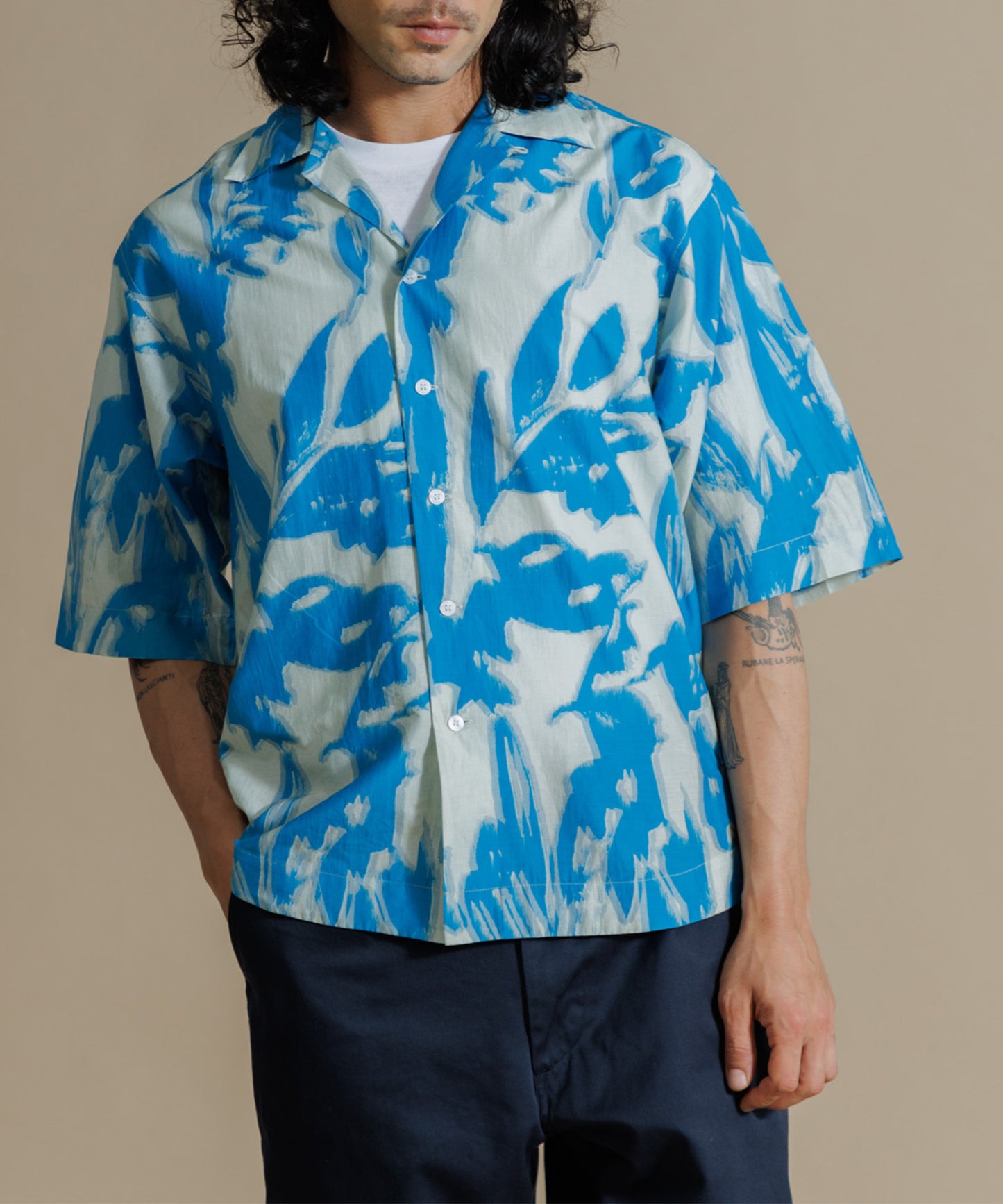 【MEN , WOMEN】LEIN コットンシルクリーフプリントシャツ　