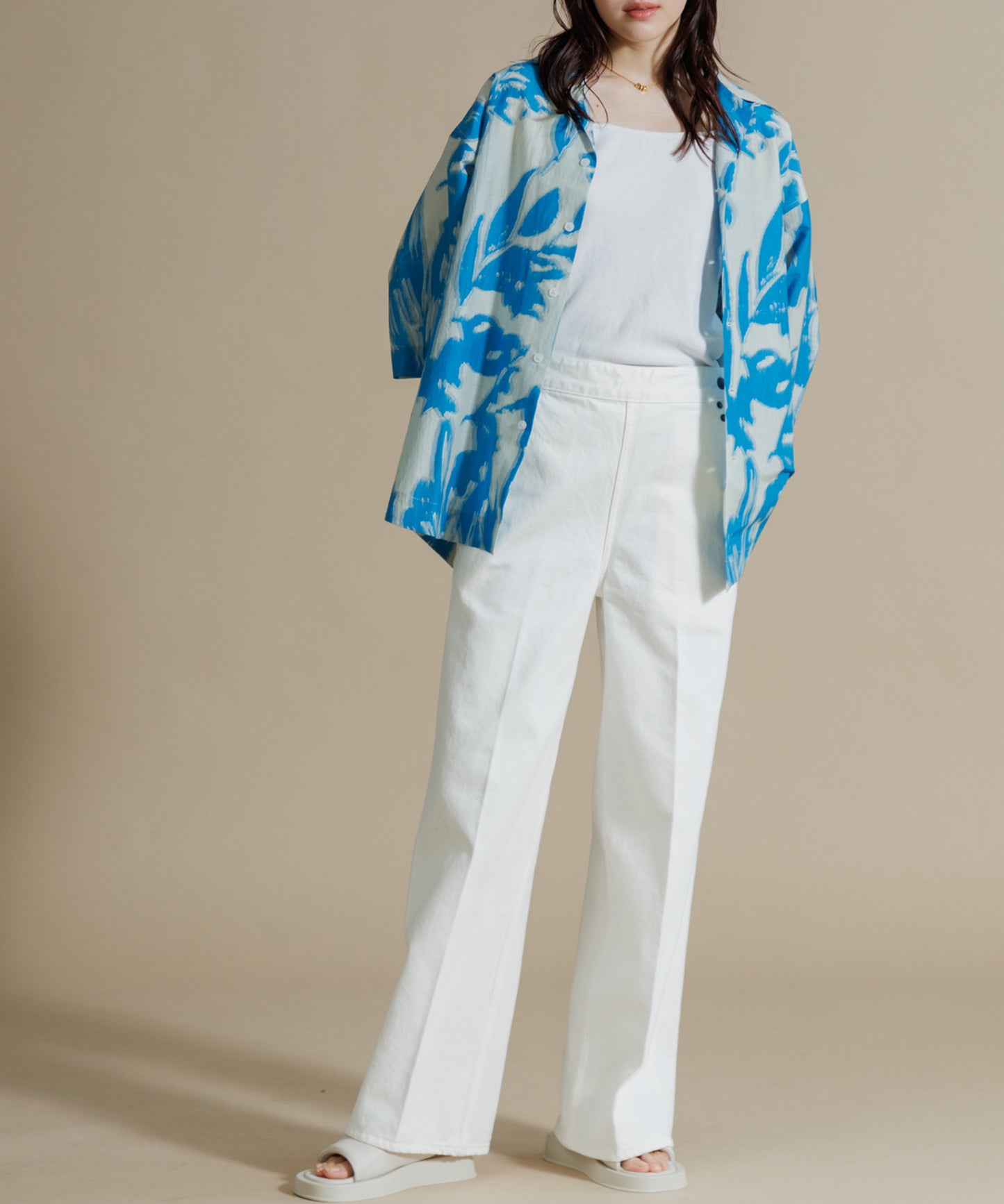 【MEN , WOMEN】LEIN コットンシルクリーフプリントシャツ　