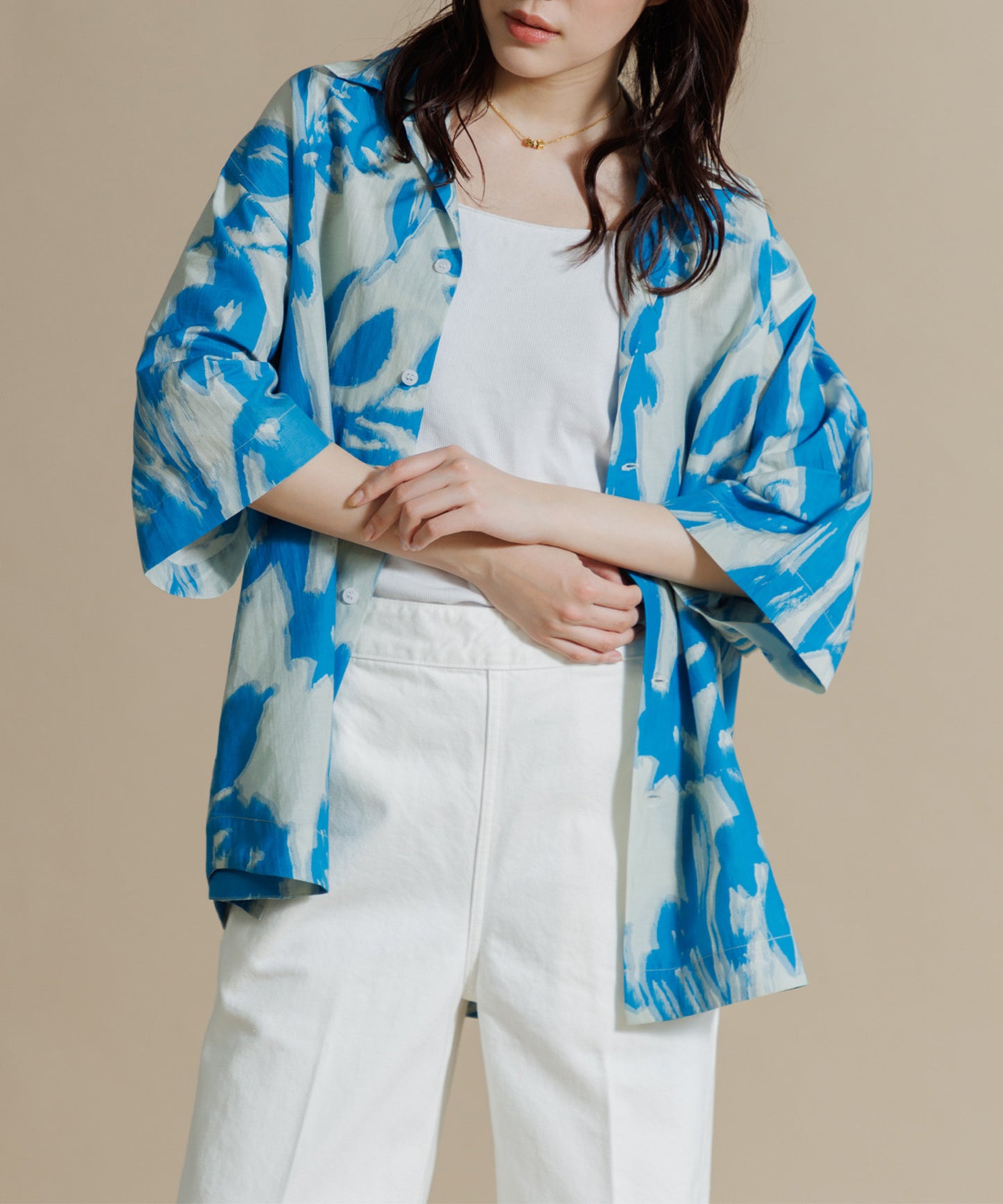 【MEN , WOMEN】LEIN コットンシルクリーフプリントシャツ　