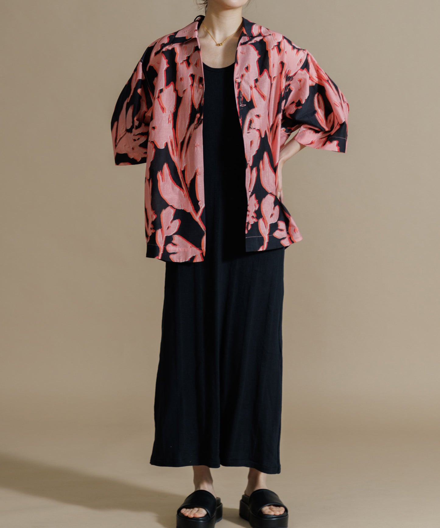 【MEN , WOMEN】LEIN コットンシルクリーフプリントシャツ　